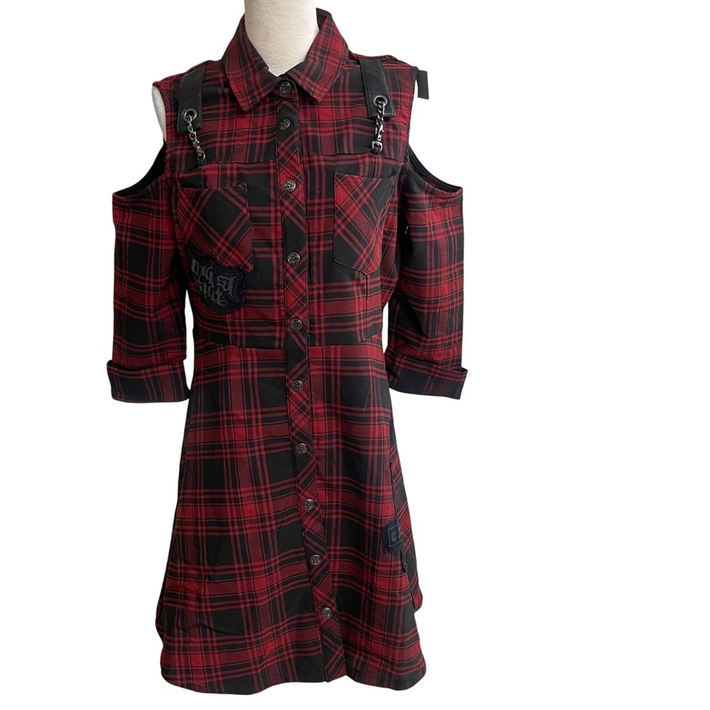 Killstar Paranormal Shirt Dress Red Black Tartan Plaid Cold Shoulder NWT XL